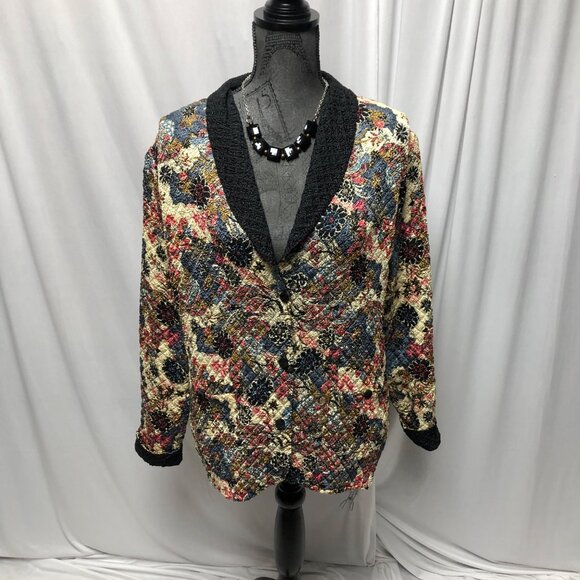 Reversible Floral Black Textured Jacket Womens XL Shawl Collar - Picture 1 of 9